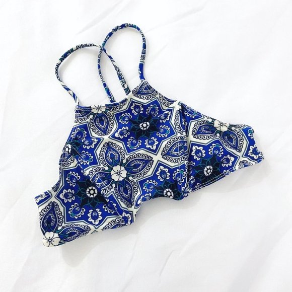 Beach Riot X Stone Cold Fox Blue Floral High Neck Strappy Boho Bikini Top XS - Picture 2 of 9